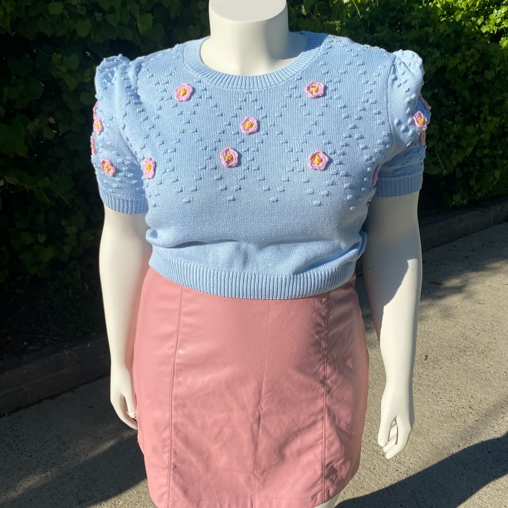 Sugar Thrillz Baby Blue Embroidered Floral Baby Doll Top